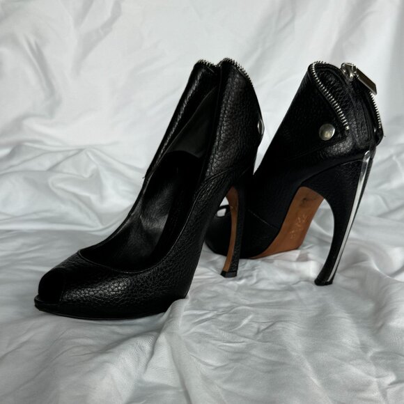 ALEXANDER MCQUEEN Faithful black leather zip biker peeptoe bootie EU37 - Picture 2 of 5